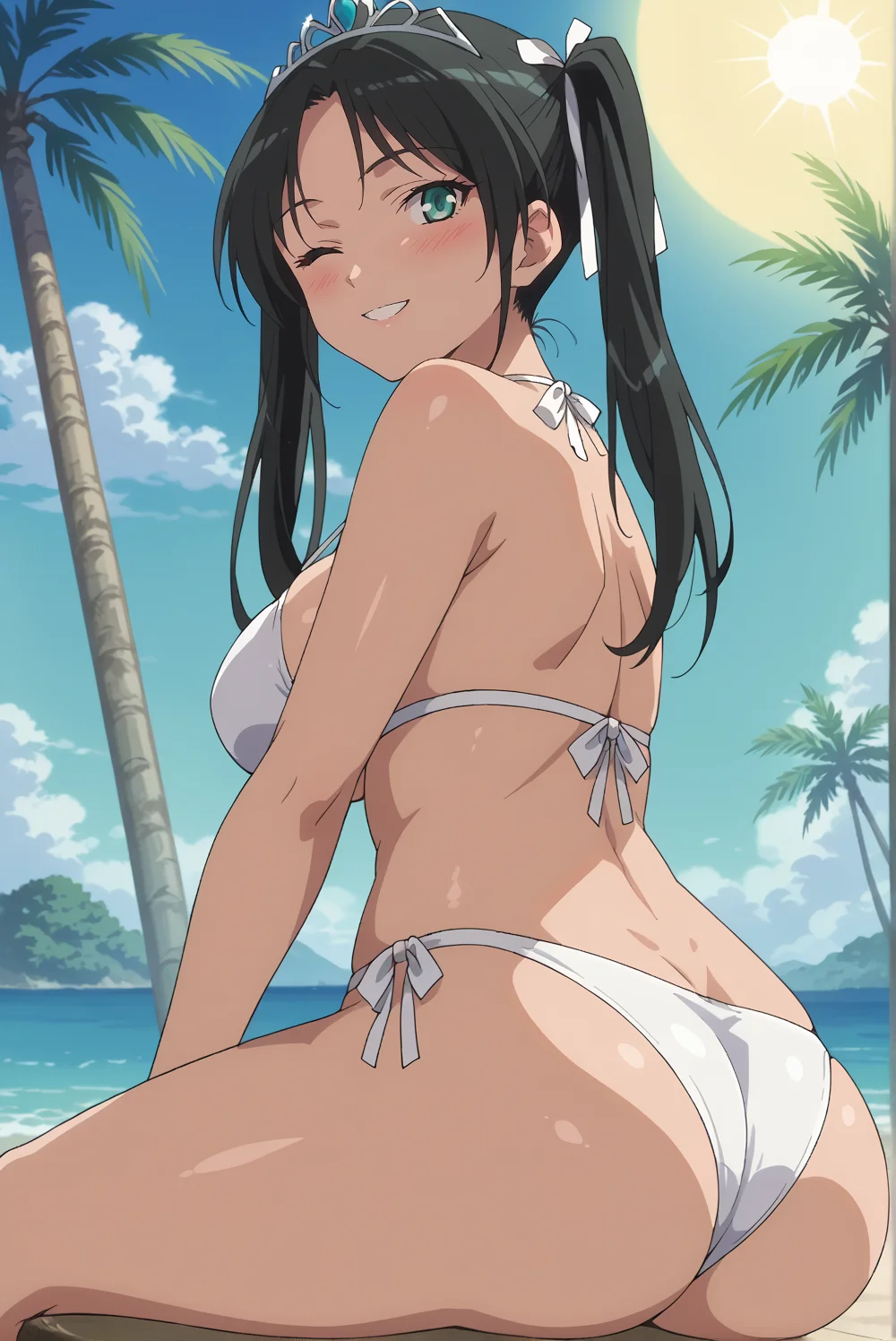 score_9, score_8_up, score_7_up, source anime, prefect lighting, very aesthetic, BREAK, anime screencap, anime coloring, fran-lu, 1girl, green eyes, black hair, twintails, hair ribbons, white ribbons, mature, smile, large breasts, looking at viewer, smile, swimsuit, one eye closed, bikini, white bikini, blush, ribbon, ass, sitting, tiara, from below, dutch angle, suggestive pose, beach, sun, tree, sea