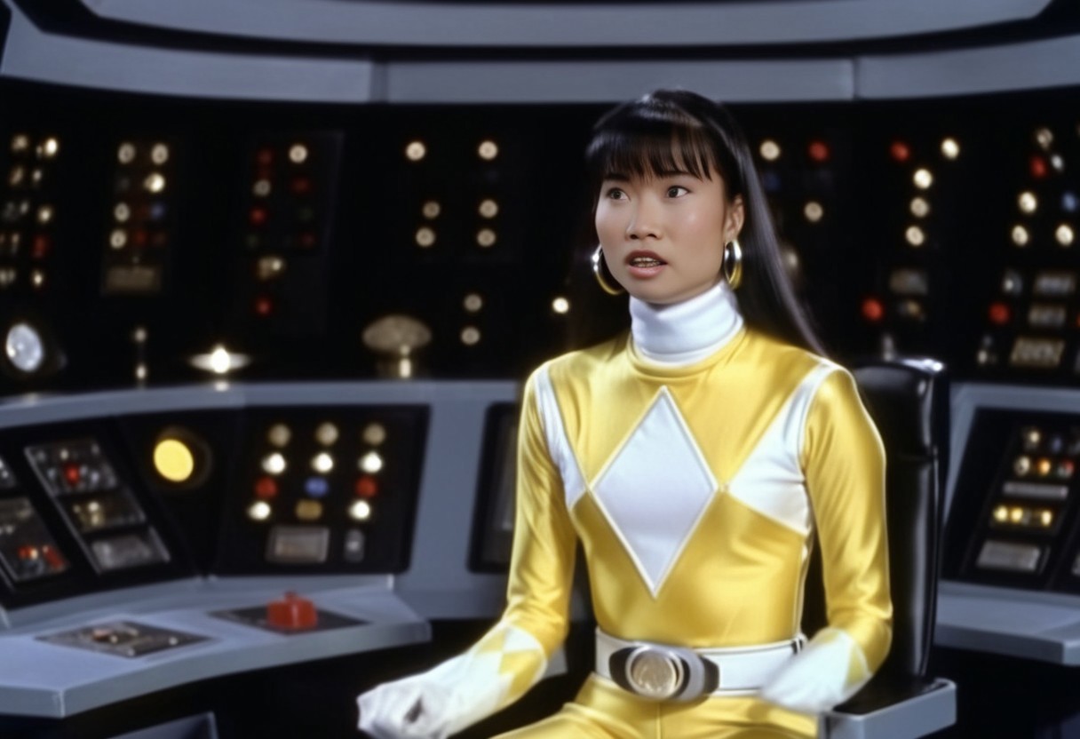 bridge of spaceship Starship Enterprise 1967, Trini wearing yellow power ranger catsuit, alone, long straight hair tucked behind shoulders, bangs, helmetless, uniform, white turtleneck collar, white gloves belt, holstered weapon, large chunky steel hoop earrings, worried facial expression, sitting square-on, both arms very-outstretched, legs together, looking off-camera, in front of computer console on bridge of spaceship Starship Enterprise, Star Trek television series 1967, hyperdetailed photography