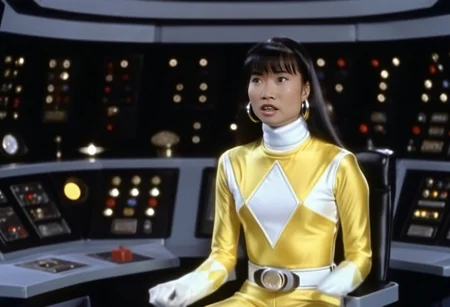 bridge of spaceship Starship Enterprise 1967, Trini wearing yellow power ranger catsuit, alone, long straight hair tucked behind shoulders, bangs, helmetless, uniform, white turtleneck collar, white gloves belt, holstered weapon, large chunky steel hoop earrings, worried facial expression, sitting square-on, both arms very-outstretched, legs together, looking off-camera, in front of computer console on bridge of spaceship Starship Enterprise, Star Trek television series 1967, hyperdetailed photography