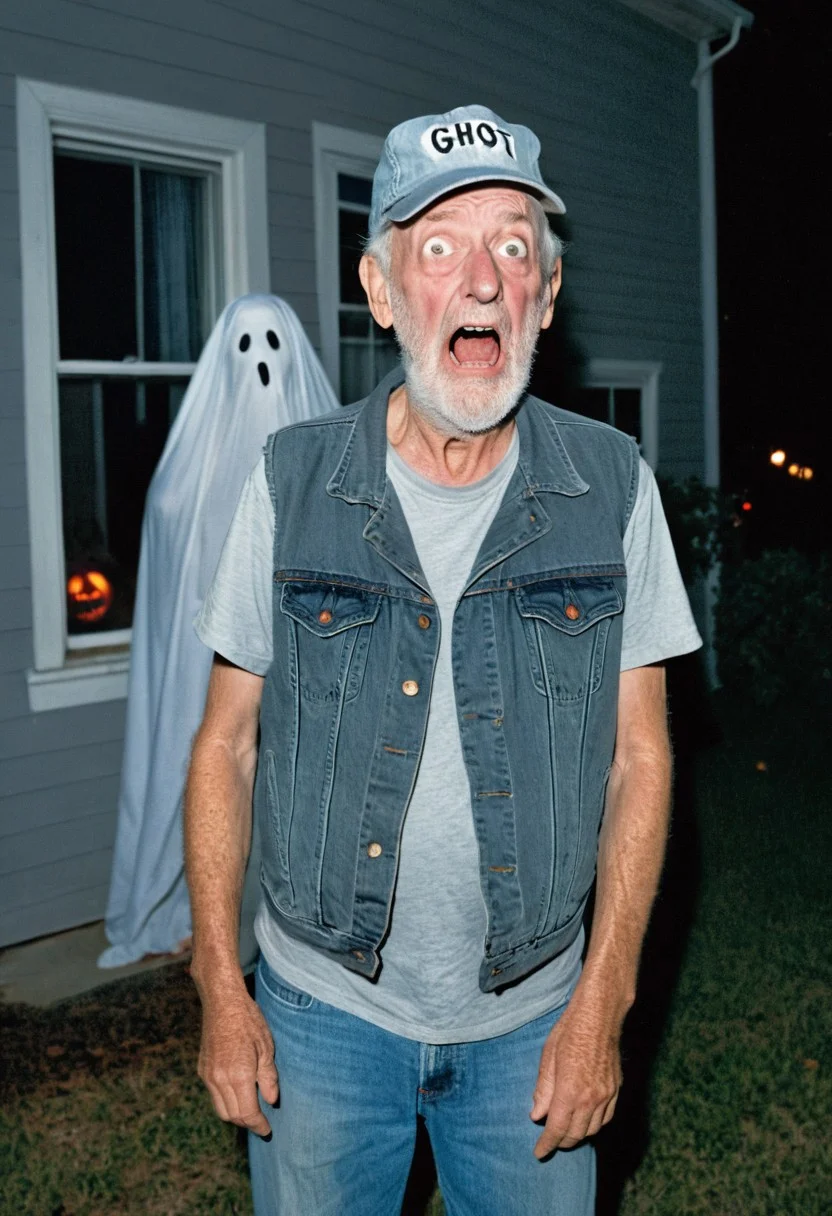 medium shot view, 1980's, (1 silly old man, named Ernest, human, dressed in grey t-shirt, denim vest, jeans, grey cap), scared by ghost costume, Halloween, night time, 1 child dressed as ghost, scaring old man
