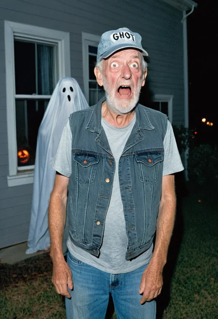 medium shot view, 1980's, (1 silly old man, named Ernest, human, dressed in grey t-shirt, denim vest, jeans, grey cap), scared by ghost costume, Halloween, night time, 1 child dressed as ghost, scaring old man