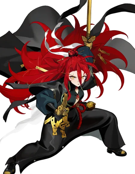 xytx-chuyi,anotherstyle,1girl,solo,weapon,red hair,sword,long hair,holding,holding weapon,yellow eyes,holding sword,white background,fighting stance,simple background,gloves,hair between eyes,full body,looking at viewer,
<lora:chuyi_noob:1>,
masterpiece,best quality,very aesthetic,absurdres,