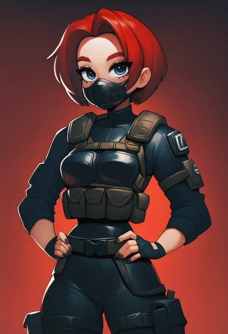 <lora:Zazu-a:1> hattiezazu, digital art, soft light, score_9, score_8_up, score_7_up, score_6_up, score_5_up, score_4_up, 1girl, solo, red bob hair, blue eyes, tactical mouth mask,looking at viewer, wearing swat tactical jacket, tactical shoulder pads, black armor vest, holsters, fingerless gloves, hands on waist, black and red gradient background, [bushy eyebrows, long eyelashes, black nails, sharp image:0.6]