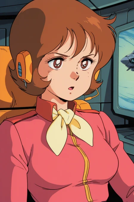 masterpiece, best quality, amazing quality, absurdres, frawbow79, brown hair, solo, serious, open mouth, talking, headset, sitting, monitor, pink military uniform, yellow ascot, upper body, medium breasts, indoors, spacecraft, science fiction, retro artstyle
