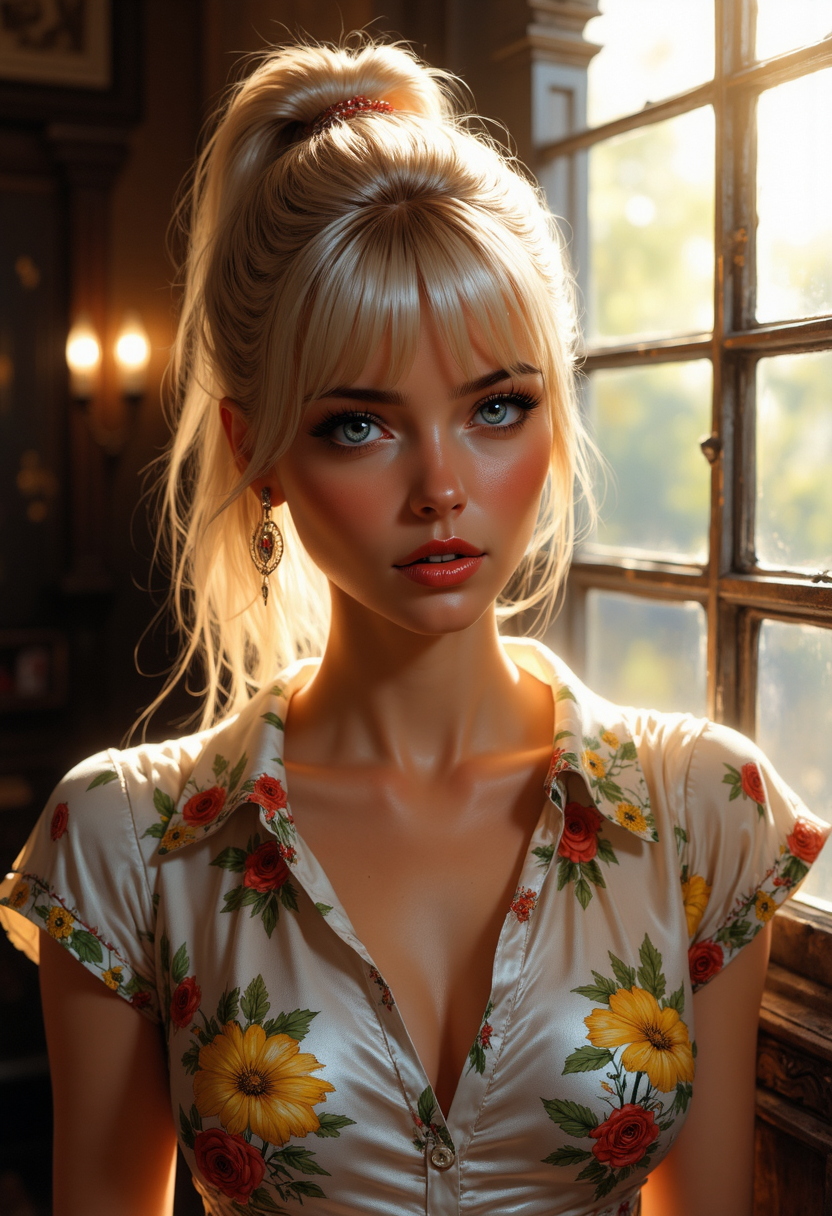 Photorealistic portrait of a stunning young woman with fair skin and platinum blonde hair styled in a sleek high ponytail with bangs. She has piercing blue eyes and bold red lipstick, creating a striking contrast. She is wearing a short-sleeved white blouse with a vibrant floral pattern featuring yellow flowers, green leaves, and red roses. she is biting her lip with a seductive look while unbuttoning her blouse, 
The background is softly blurred with a warm bokeh effect, illuminated by natural light streaming through large windows. The lighting is soft and golden, highlighting her radiant features. Her expression is confident and inviting, with a subtle, playful smile. The composition focuses on her elegance and charm, blending vintage-inspired warmth with vibrant colors, creating a visually captivating, high-fashion image
low-key lighting, atmospheric haze, underexposed, cinematic darkness, deep shadows . f, <lora:artisketchyfs-v02:0.5> <lora:FluxMythV2:0.7> . shallow depth of field, vignette, highly detailed, high budget, bokeh, cinemascope, moody, epic, gorgeous, film grain, grainy . dark, mysterious, haunting, dramatic, ornate, detailed <lora:anime_martzv2:0.7> anime_martz . digital artwork, illustrative, painterly, matte painting, highly detailed