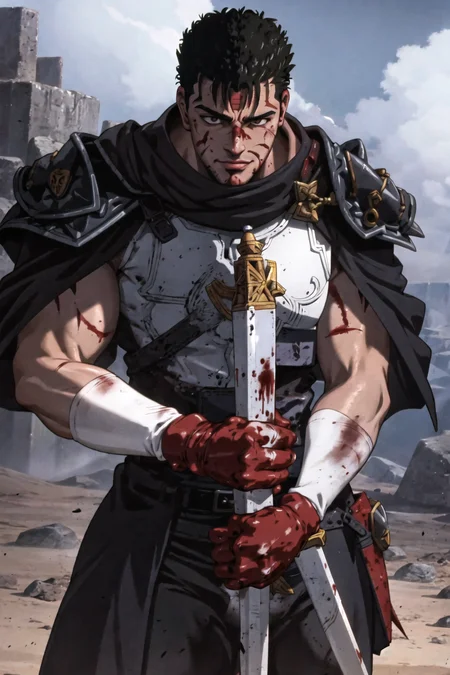 guts \(berserk\), 1boy, armor, blood, blood on clothes, blood on face, holding, holding sword, holding weapon, injury, male focus, multiple boys, scar, smile, sword, weapon