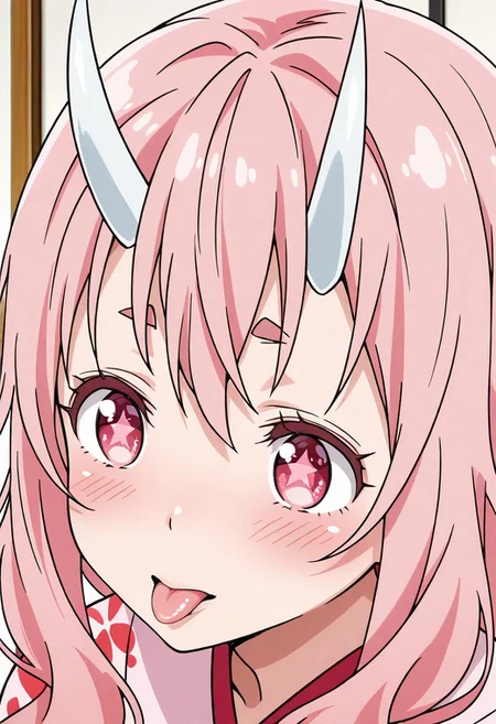 close up, solo, woman, shuna, oni, long hair, pink hair, pink eyes, white horns, kimono, tongue bite, blush, star eyes, traditional japanese indoor, high quality, best quality, masterpiece, 4k resolution, anime