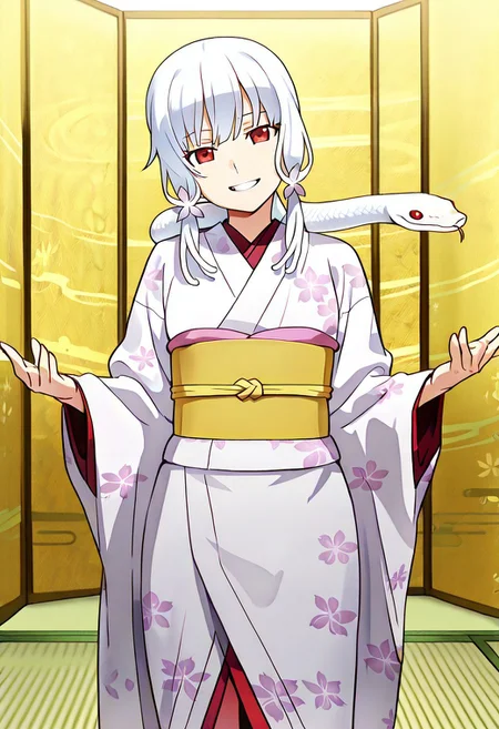 Smooth Quality - Illustrious, sfw,
anime, illustration, nadeko, red eyes,medium hair,white hair,snake hair,albino,
<lora:NSFWFilter_illusXL_Incrs_v1:-1>
<lora:Snake_on_Shoulders:0.8> sn4k3, snake on shoulders, large snake, white snake,
1girl, solo, standing, cowboy shot, alluring pose,
japanese clothes, white kimono, furisode, floral print,
looking at viewer, head tilt, beautiful smile, grin,
golden folding screen, zabuton, tatami,