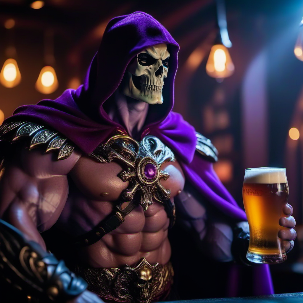 cinematic photo a muscular man, purple cape, cloak, holds a club, having a beer in a pub <lora:Skeletor1024-000190:0.8> . 35mm photograph, film, bokeh, professional, 4k, highly detailed