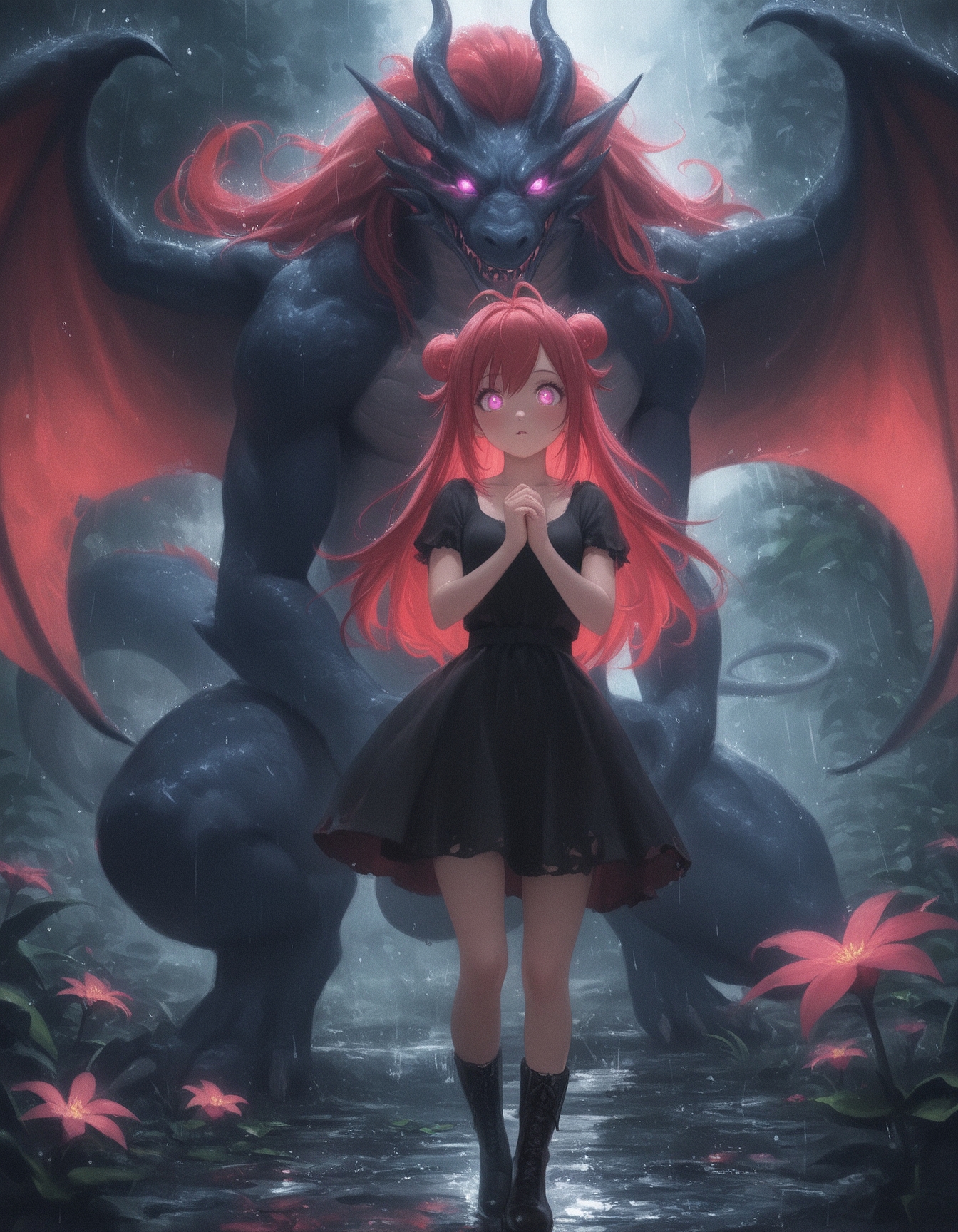 (masterpiece, best quality, highres:1.2), sakimichan_\(style\), 
1girl, rain, double bun, hair bun, standing, long hair, boots, glowing, plant, monster, glowing eyes, pink hair, antenna hair, outdoors, looking at viewer, own hands together, red hair, pink eyes, leaf, purple eyes, dragon, size difference, flower, torn clothes, dress