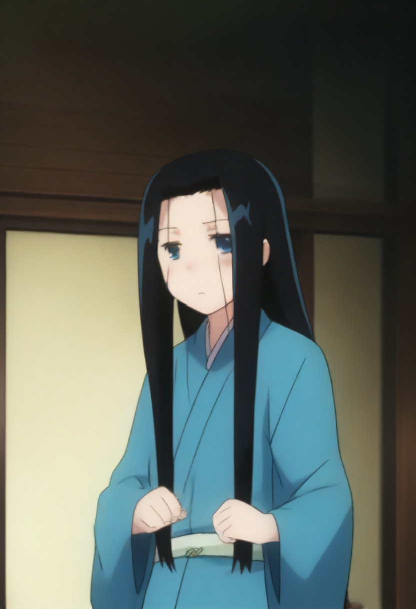 Masterpiece, Top Quality, source_anime, anime screencap, source_anime, auratheguillotine, anime screencap, masterpiece, source_anime, shiny skin,,,,anrakutei, blue_eyes, black_hair, very_long_hair, blue_kimono, long_sleeves, wide_sleeves,