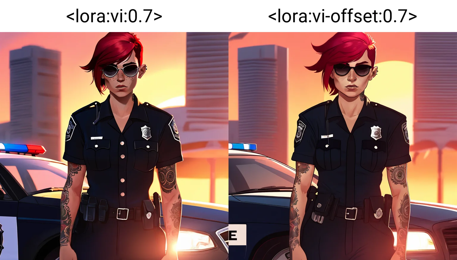 arcanevi, red hair, full body, short hair, freckles, face tattoo, nose piercing, ear piercing, police officer, police uniform, badge, black sunglasses, police car, sunset, miami <lora:vi:0.7>