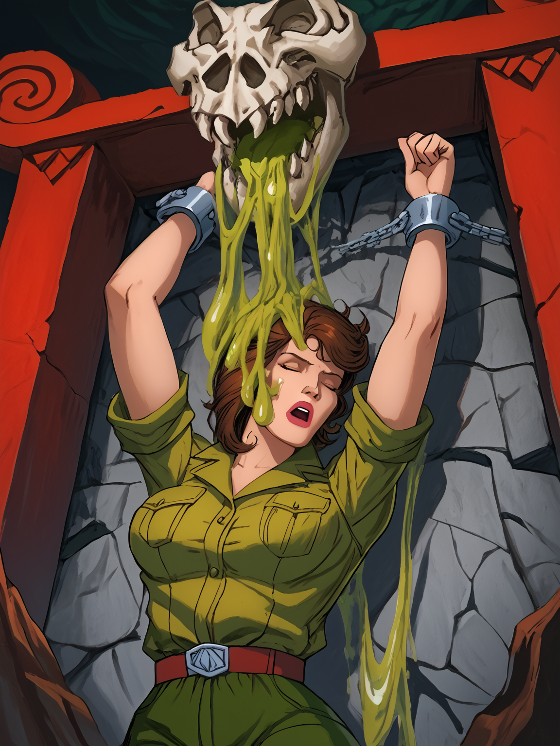 score_9, score_8_up, score_7_up,    <lora:10_motu_slime_pit:1> sl1m3 p1t, red pillars, green sl1m3,  dripping sl1m3, dino bone, chained arms, arms above head, cavern, female focus,  <lora:Lady_Jaye_RAH_Pony:1> ladyjaye, rah, short hair, brunette, lips, olive uniform, open collar, short sleeves, green pants, dutch angle, upper body, covered hair, covered face, eyes closed, open mouth, completely covered in slime
