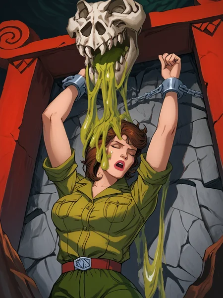 score_9, score_8_up, score_7_up,    <lora:10_motu_slime_pit:1> sl1m3 p1t, red pillars, green sl1m3,  dripping sl1m3, dino bone, chained arms, arms above head, cavern, female focus,  <lora:Lady_Jaye_RAH_Pony:1> ladyjaye, rah, short hair, brunette, lips, olive uniform, open collar, short sleeves, green pants, dutch angle, upper body, covered hair, covered face, eyes closed, open mouth, completely covered in slime