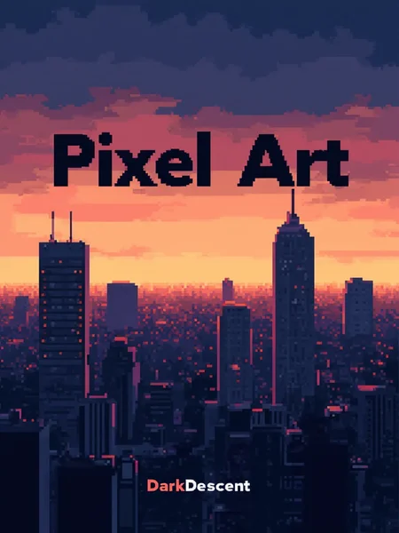 A pixel art poster for marketing. The poster main text reads: "Pixel Art". Under the main text, smaller text reads: "DarkDescent". In the background is a city skyline at sunset. Designed by a genius and given to the common folk on the internet.<lora:General Flux\darkdescent-pixel-art.safetensors:0.9:1.0>