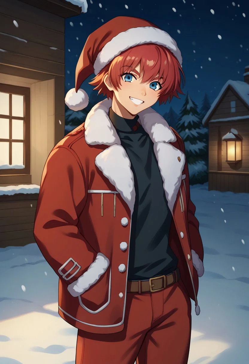 score_9, score_8_up, score_7_up, source_anime, highly detailed,
reidhershel, male focus, santa hat, solo, 1boy, red hair, hat, smile, red pants, jacket, hands in pockets, pants, shirt, blue eyes, looking at viewer, fur trim, red jacket, belt, christmas, santa costume,
grin, short hair, fur-trimmed jacket, red headwear, bangs, black shirt,
standing, upper body,
outdoor, snow