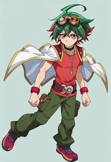 score_9, score_8_up, score_7_up, score_6_up, highly detailed,Good Colors, Glowing Skin, Good Shading, Good Eyes, Contrast Shading, Yuya, 1boy, male_focus, green hair, red hair, multicolor hair, ahoge, red eyes, googles on head, goggles, choker, pendulum necklace, red bracelets, red shirt, white jacket, jacket on shoulders, belt, green pants, red shoes