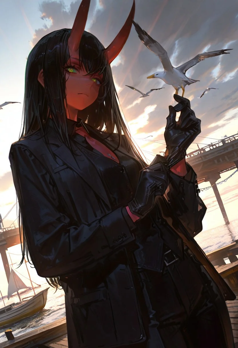 masterpiece, best quality, good quality, newest, highres, absurdres, volumetric lighting,gradient color,
BREAK
raytracing, volumetric lighting, ambient occlusion, girl, background, masterpiece, best quality, very awa, absurdres,
BREAK
Aka-Oni, oni, colored skin, (red skin:1.3), straight horns, solo, long hair, model style,
heartshape pupils, aroused, horny,
BREAK
HDR, 8K, high contrast, masterpiece, best quality, amazing quality, very aesthetic, superabsurd res, high resolution, ultra-detailed, absurdres, newest, scenery, (horikoshi kouhei:0.3), (quasarcake:0.3), (wlop:0.3), light rays, chiaroscuro, epic, dynamic angle, foreshortening, epic, dramatic,
BREAK,
pant suit, black suit, suit, formal, black jacket, dock, harbor, outdoors, adjusting clothes, adjusting gloves, cowboy shot, from below, black pants, red necktie, open jacket, gloves, black gloves, boat, seagull, looking at viewer, black shirt, black vest