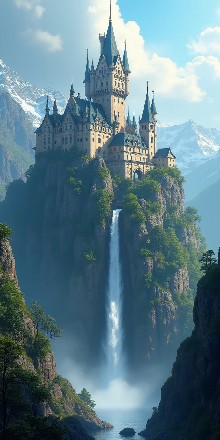 A forbidden castle high up in the mountains, Waterfalls,pixel art, (intricate details:1.12), hdr, (intricate details, hyperdetailed:1.15), (natural skin texture, hyperrealism, soft light, sharp:1.2), game art, key visual, surreal