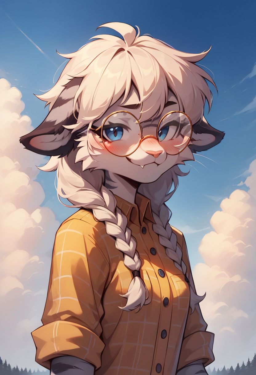 score_9, score_8_up, score_8, Gray tiger, female, two braids in front of shoulder, one big braid on back, white hair, Gray Fur, ((body fur)), body fluff, blue eyes, band aid on snout, yellow flannel shirt, wearing round glasses with red lenses over eyes, low Bangs covering half the eye, sky and clouds with Red trees as background, cinematic style, 8k resolution, digital painting, solo, portrait, flat color, soft lighting,  looking at viewer, smug look, fang, whiskers, blush, small breast,