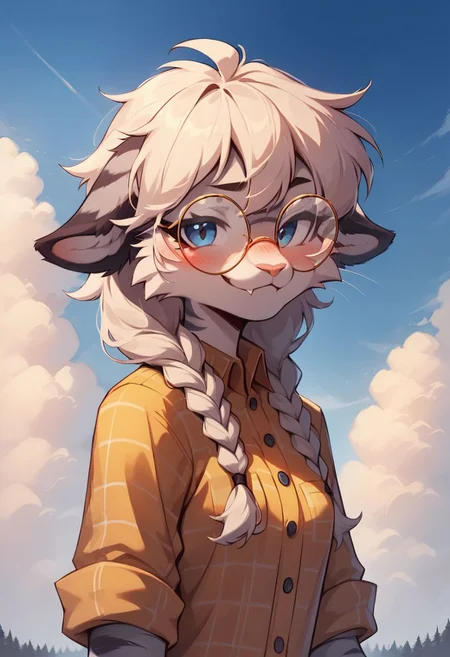 score_9, score_8_up, score_8, Gray tiger, female, two braids in front of shoulder, one big braid on back, white hair, Gray Fur, ((body fur)), body fluff, blue eyes, band aid on snout, yellow flannel shirt, wearing round glasses with red lenses over eyes, low Bangs covering half the eye, sky and clouds with Red trees as background, cinematic style, 8k resolution, digital painting, solo, portrait, flat color, soft lighting,  looking at viewer, smug look, fang, whiskers, blush, small breast,