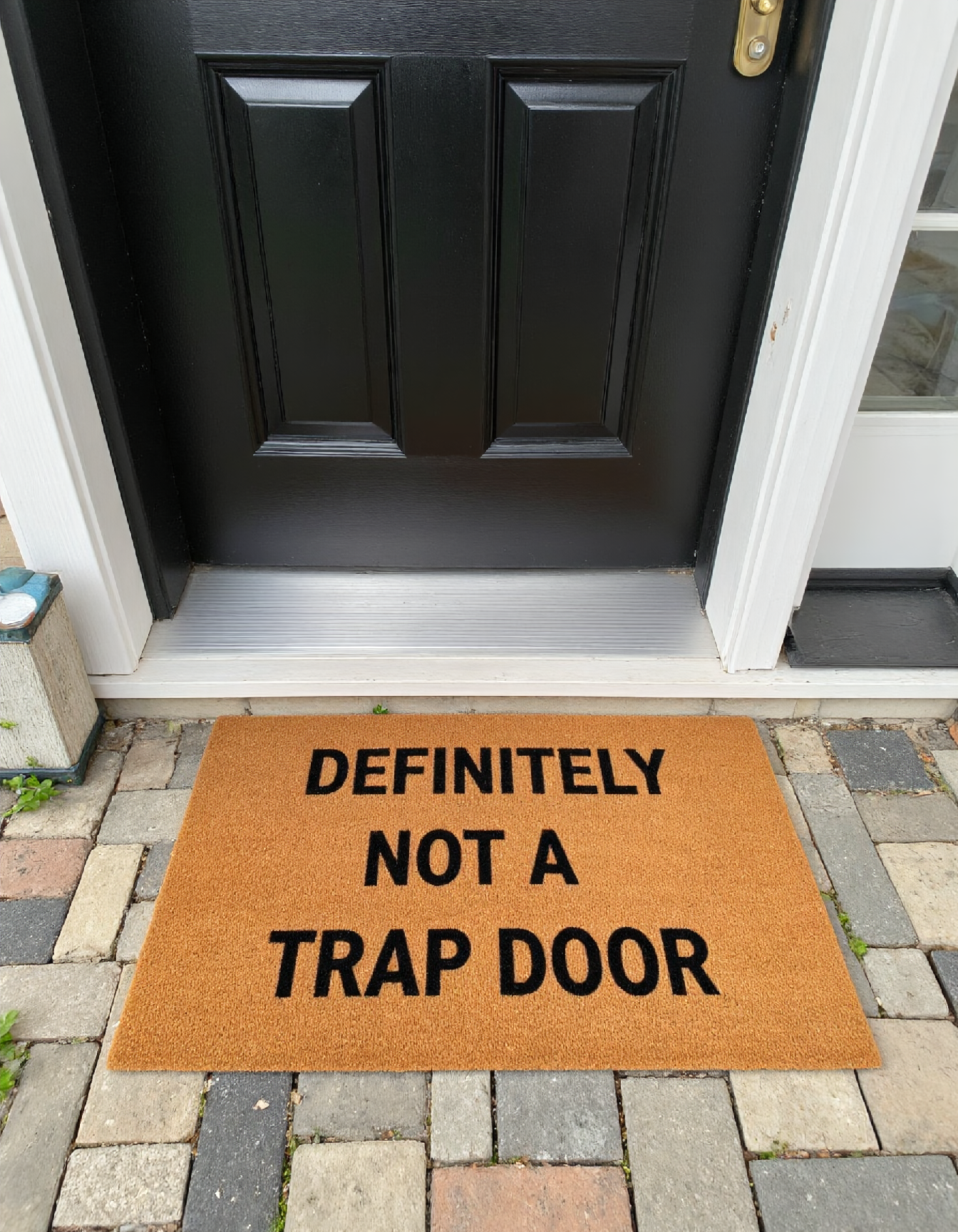 a welcome mat placed in front of an old front door, the mat features the phrase "Definitely not a trap door" in capital letters.