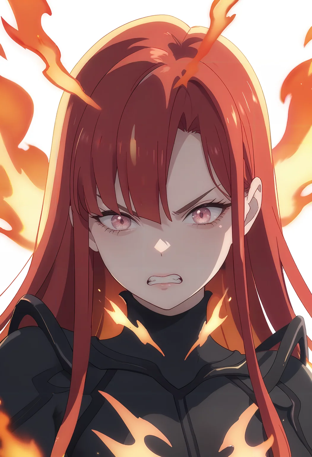 score_9_up,score_8_up,score_7_up,<lora:Makina Solage_v2.0_pony-000030:1>,
DL_MS,1girl,solo,fire,long hair,red hair,black bodysuit,pink eyes,white_background,simple_background,close-up,frown,anger,clenched teeth