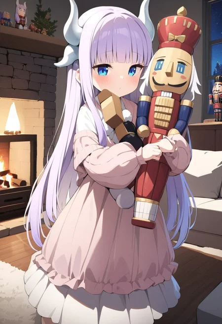 masterpiece, (Best quality:1.2), highres, (scenary:1.2), Dynamic light,, wooden,, living room,, Kanna_Kamui,, long hair, bangs, blue eyes, light purple hair, hair beads, dragon horn, horns,, hugging a big nutcracker, nutcracker doll, fireplace flickering,, white ottoman sofa, standing, fluffy pillows, white carpet, flowers, lights,,