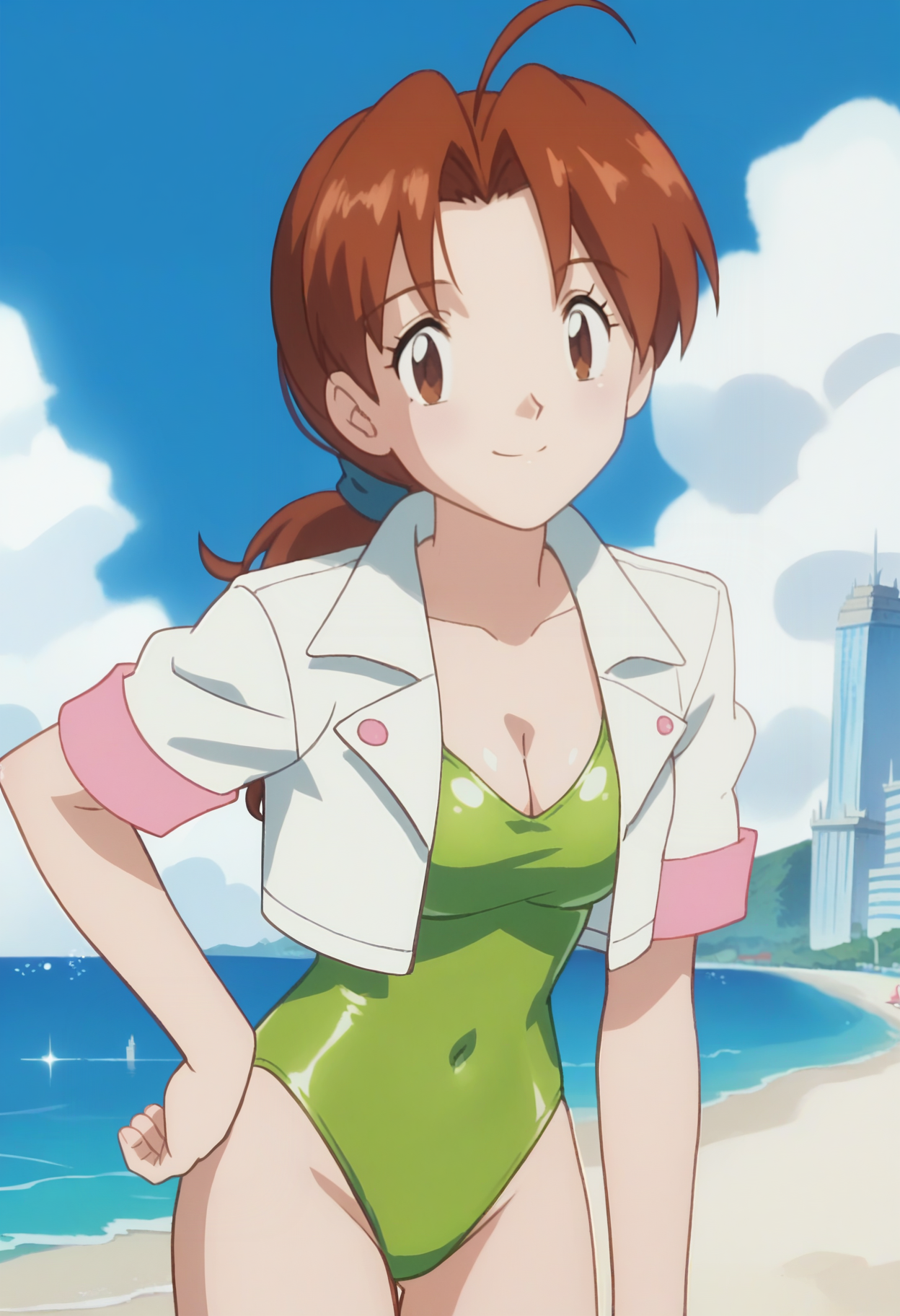 score_9, score_8_up, score_7_up, score_6_up, anime screencap, anime coloring, <lora:PMDeliaK_epoch_10:0.8>, PMDeliaK, 1girl, solo, brown hair, ponytail, ahoge, long hair, parted bangs, brown eyes, hair tie,
cropped jacket, white jacket, open jacket, swimsuit under clothes, green one-piece swimsuit,
looking at viewer, hand on own hip, leaning forward, cleavage, smile, closed mouth, 
BREAK, beach, sunbeam, day, cloud, cityscape,