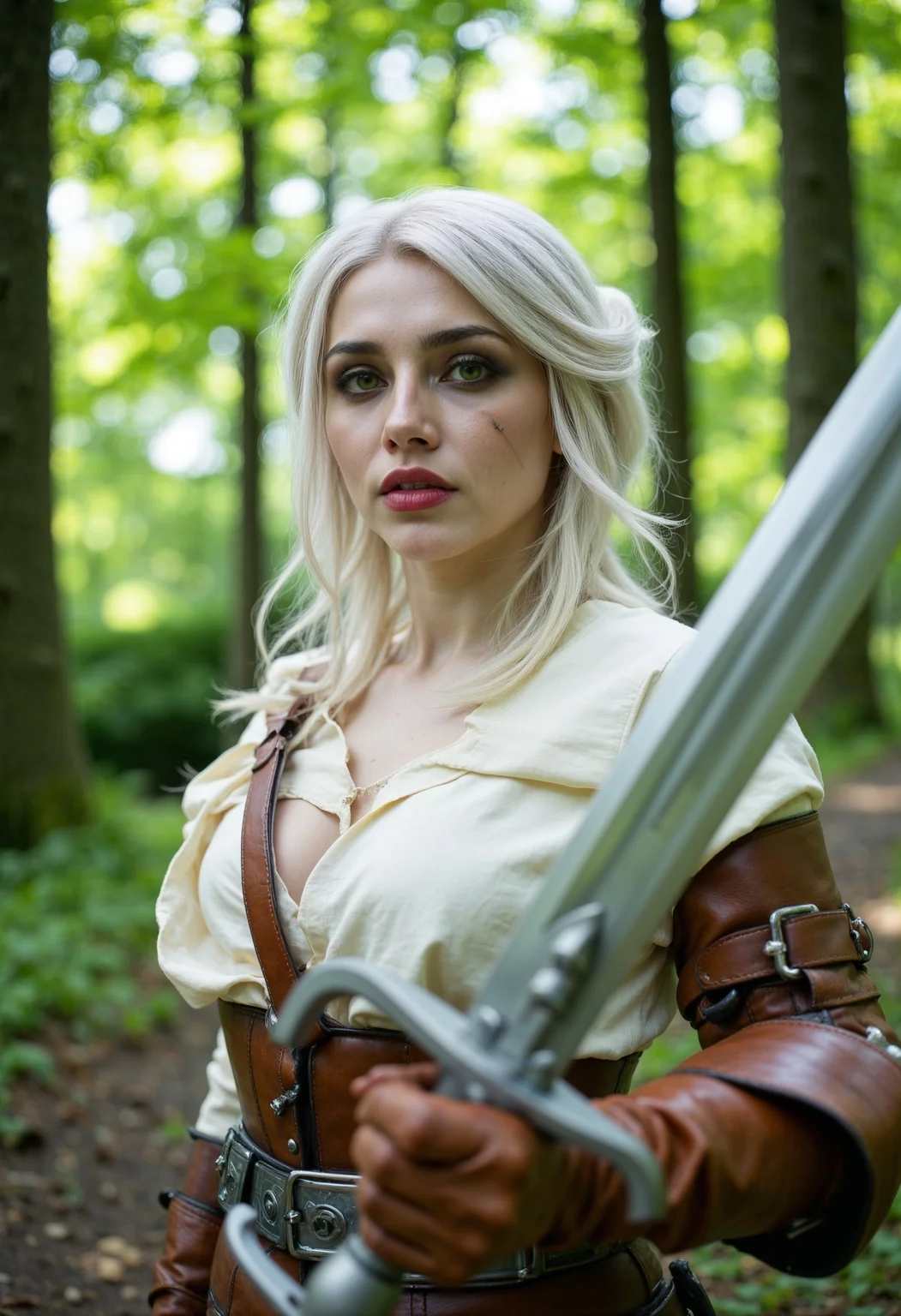 CiriW, a high-resolution, outdoor portrait of a woman with fair skin and long, white hair styled in a loose braid. The woman has striking green eyes and subtle freckles across her face. She is wearing a medieval-style outfit consisting of a white, slightly open tunic with a brown leather strap across the chest and a leather arm guard. The person is holding a large, silver sword with a detailed hilt. The background features a lush, green forest with sunlight filtering through the trees, creating a dappled light effect on the ground. <lora:FluxCiriWV1:1> <lora:FluxMythR3alisticF:0.8> R3alisticF