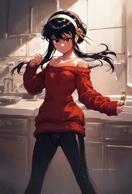 Expressiveh, mai tokiha (Oiled up), score_9, score_8_up, score_7_up, shallow depth of field, godrays, DOF, aperture, aesthetic, high quality, dramatic lighting, intricate details, 1dk, masterpiece, best quality, expressive, solo, 1 source_anime, feminize, soft body, yor briar, black hair, long hair, red eyes, flat chest, solo, jewelry, earrings, hairband, sidelocks, white hairband, doing random house chores, indoors, action pose, kitchen knife, off-shoulder sweater, red sweater dress, bulge, black leggings under sweater,