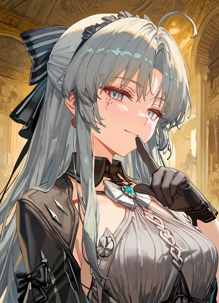 (masterpiece,best quality), rei \(sanbonzakura\), torino aqua, (ciloranko:0.9), 1girl, carlotta alter, black hair bow, black gloves, upper body, index finger raised, finger to mouth, smile, closed mouth, half-closed eyes, <lora:carlotta-wwIL-v1a-000007:0.9>