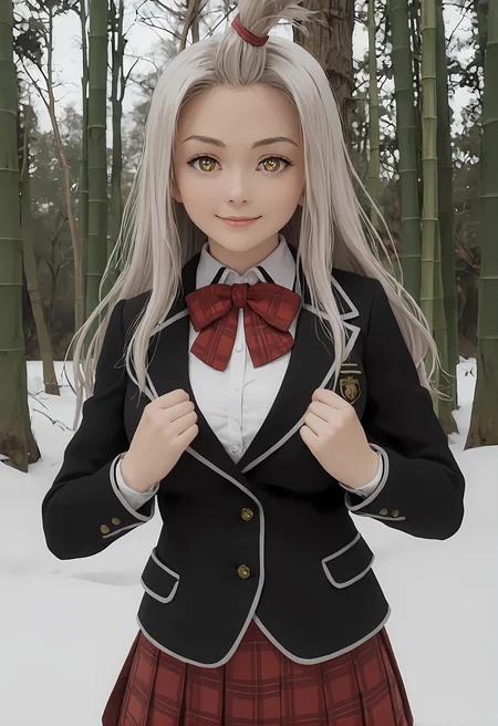 score_9, score_8_up, score_7_up,looking at viewer, shiny skin, upper body, light smile, petite,ohwx, long_hair, grey_hair, yellow_eyes, white_hair, brown_eyes, bangs_pinned_back, topknot, breasts, very_long_hair, large_breasts, symbol-shaped_pupils,school_uniform, bow, jacket, blazer, bowtie, shirt, plaid, skirt, socks, red_bow, bangs_pinned_back, topknot, plaid_skirt, long_sleeves, red_skirt, red_bowtie, black_socks, pleated_skirt, kneehighs, black_jacket, collared_shirt, shoes, loafers, official_style, white_shirt, plaid_bow, ribbon, miniskirt, Snow-covered bamboo forest in winter, delicate snow on branches, peaceful and silent atmosphere,<lora:yui_kurata_pony_sobsynapse-000001:1>
