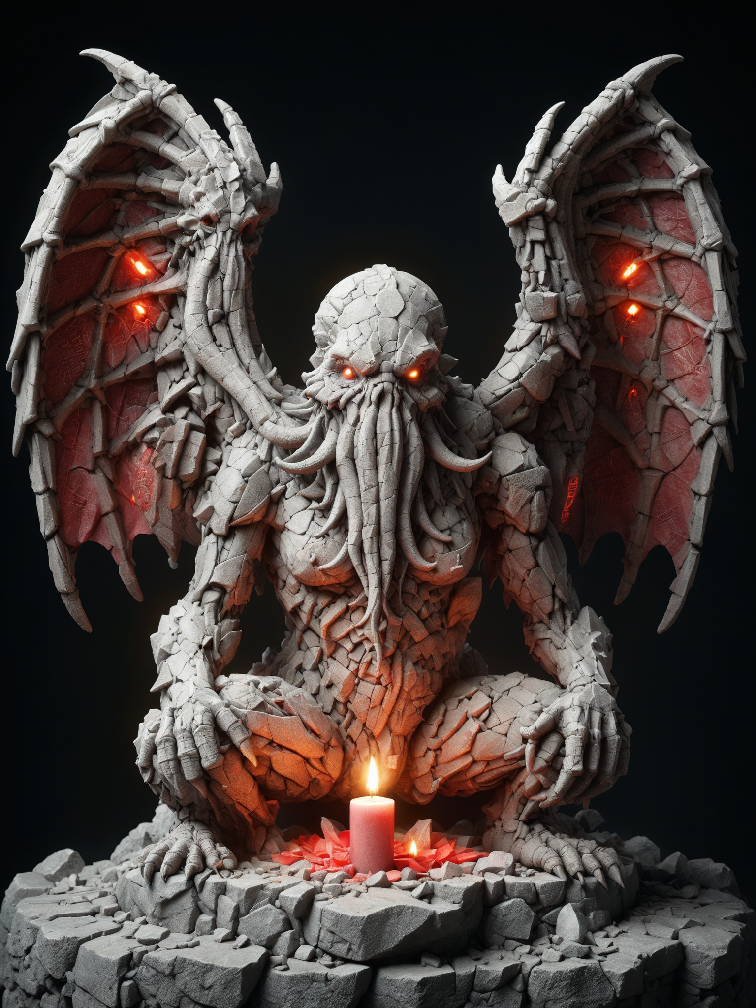 mad-rubble cthulhu  statue in dark cave, wings, candles, magic runes, red glow, dimly lit, indirect lighting  <lora:Rubble_SDXL:0.9>, (masterpiece:1.2), best quality, (hyperdetailed, highest detailed:1.2), high resolution textures