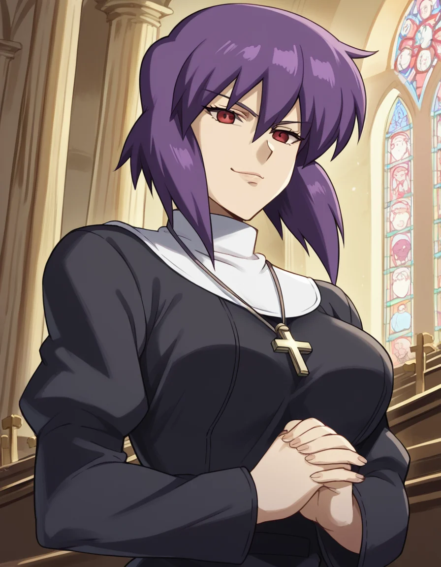 score_9, score_8_up, score_7_up, source_anime, <lora:motoko-kusanagi-s2-ponyxl-lora-nochekaiser:1>, motoko kusanagi, kusanagi motoko, short hair, large breasts, red eyes, purple hair,, <lora:traditional-nun-ponyxl-lora-nochekaiser:1>, traditional nun, nun, habit, long sleeves, dress, black dress, jewelry, black veil, cross, cross necklace,, church, smug, praying,, , dutch angle, cowboy shot