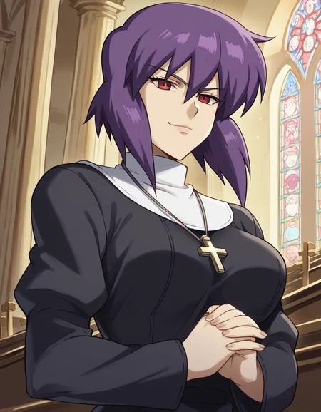 score_9, score_8_up, score_7_up, source_anime, <lora:motoko-kusanagi-s2-ponyxl-lora-nochekaiser:1>, motoko kusanagi, kusanagi motoko, short hair, large breasts, red eyes, purple hair,, <lora:traditional-nun-ponyxl-lora-nochekaiser:1>, traditional nun, nun, habit, long sleeves, dress, black dress, jewelry, black veil, cross, cross necklace,, church, smug, praying,, , dutch angle, cowboy shot