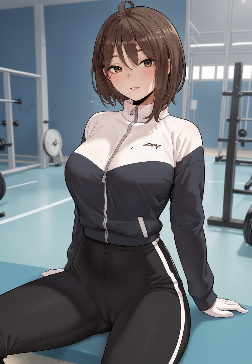 zPDXL3, score_9_up, score_8_up, score_7_up, (Anime_source),Masterpiece,(perfect female body:1.2), small waist,(incredibly detailed:1.4), slim, beautiful fingers, beautiful white skin, Beautiful clear skin, (large breasts:1.4)  thighs, looking at viewer, big breasts, short hair, mole on breast, ahoge,<lora:Kim_Yura_-_An_Invisible_Kiss-Kaleid-PONY:0.8>kimyura, 1girl, brown hair, brown eyes, jacket, gloves, pants, large breasts, facing viewer, gym jacket, black pants, closed clothes, sitting, looking back, cameltoe,