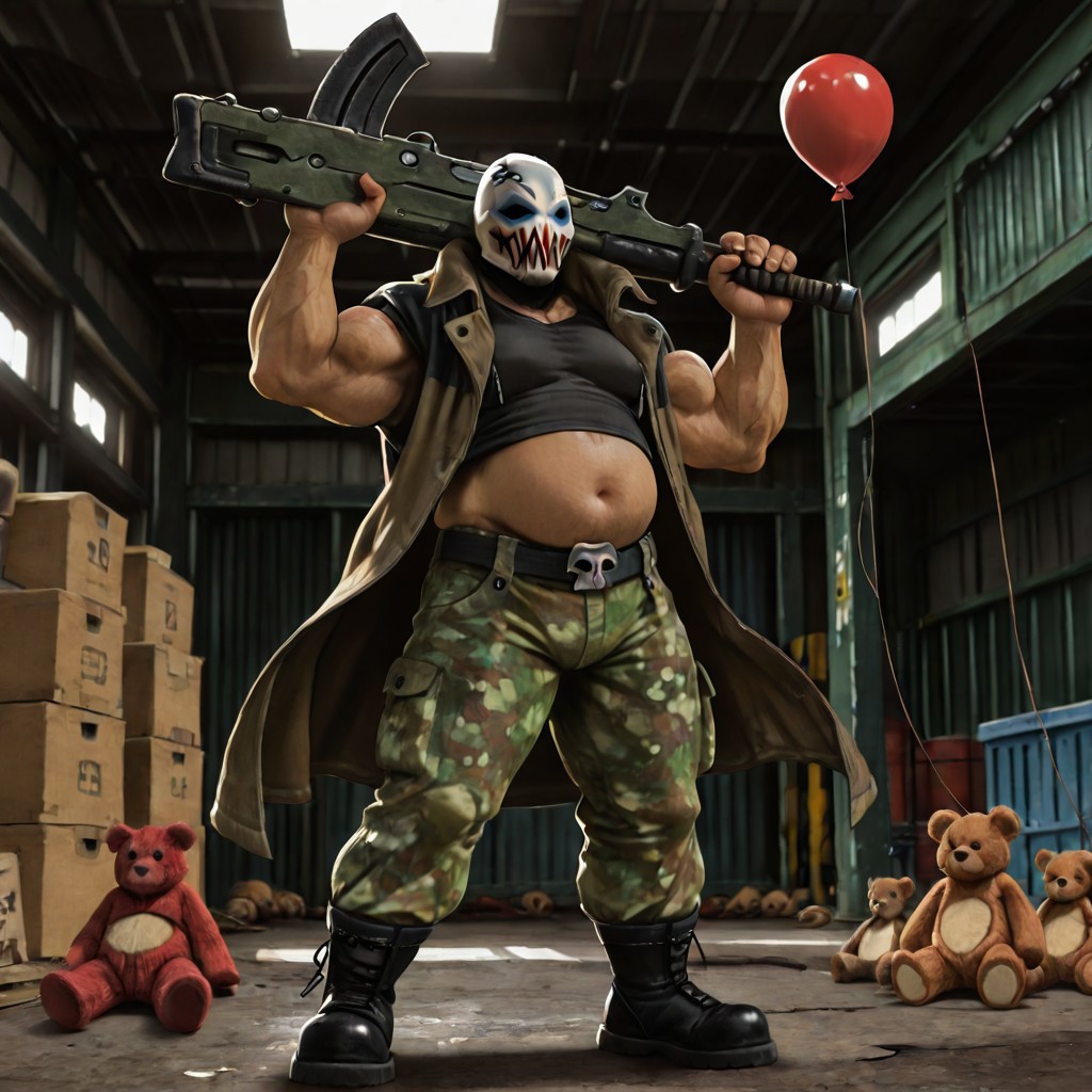 masterpiece, absurd res, best quality, newest, 2024, 8k, 4k, detailed, solo male, muscular male, fwank, mask, black eyes, midriff, plump, jacket, weapon over shoulders, teddy bear, holding, balloon, camo pants, full body, standing, three-quarter view, warehouse,