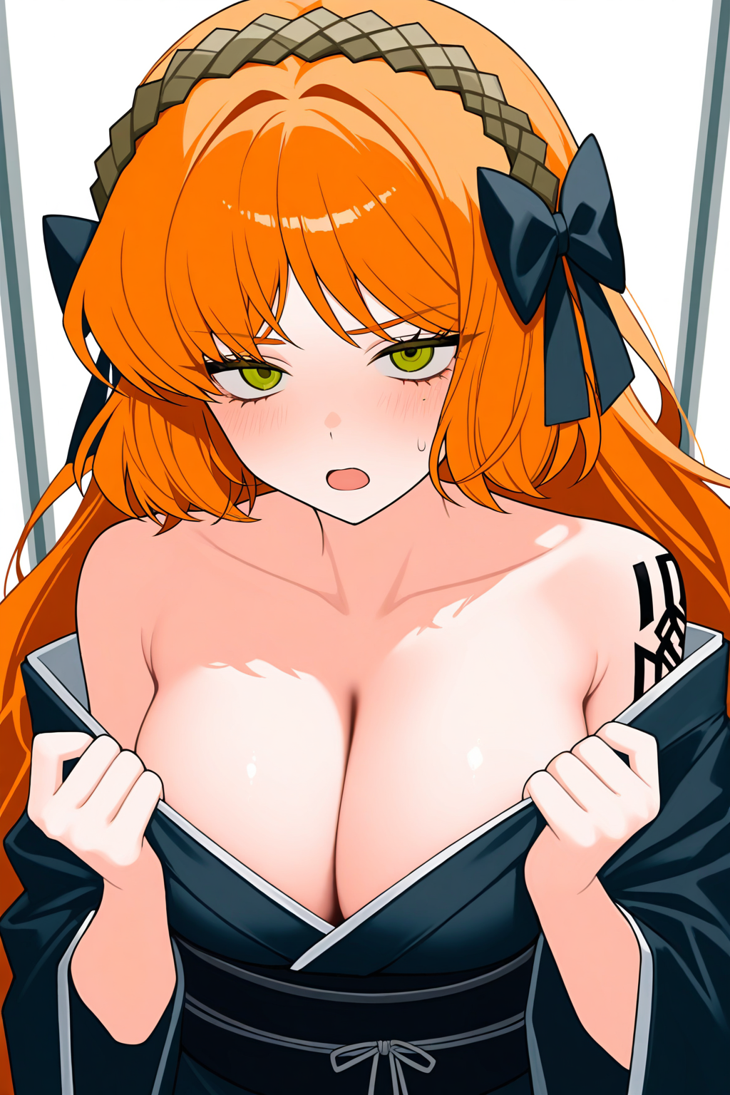ishmael \(project moon\), limbus company, 1girl, bare shoulders, black bow, black kimono, black sash, bow, breasts, cleavage, green eyes, hands up, japanese clothes, kimono, kurokumo clan \(identity\) \(project moon\), large breasts, long hair, obi, off shoulder, open mouth, orange hair, sash, shoulder tattoo, sidelocks, solo, tattoo, very long hair, masterpiece, best quality, amazing quality, very aesthetic, absurdres