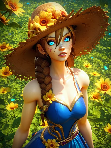 score_9, score_8_up, score_7_up, score_6_up, score_5_up, zPDXL2, max detail, 4k wallpaper, masterpiece, best quality, absurdres, highres, dynamic angle, dynamic pose, source_anime, WarcraftStyle, (world of warcraft, warcraft:1.1), FF14Style, (3d:1.1), low poly, SweatyStyle,
1girl, solo, hat, long hair, blue eyes, looking at viewer, flower, parted lips, collarbone, upper body, brown hair, sleeveless, dress, straw hat, bare shoulders, bangs, blush, yellow flower, sleeveless dress, hair between eyes, outdoors, bare arms, hat flower, blue dress, sun hat, leaf
<lora:Warcraft_V2:1> <lora:SweatyStyle:1>