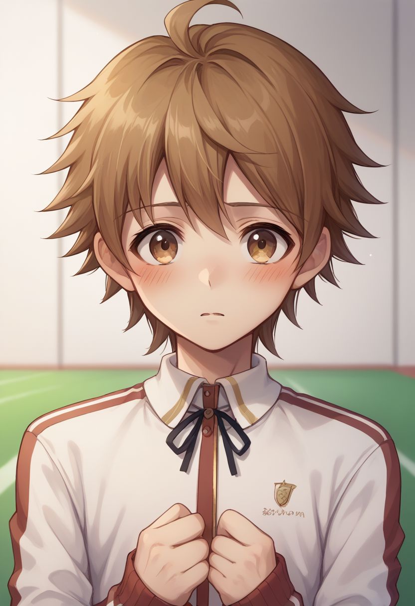 score_9, score_8_up, source_anime, highly detailed, 1boy, solo,
chihiro, skirt, 1boy, solo, male focus, brown hair,  brown eyes,
blush, track jacket, track suit, upper body,
indoor, hall,