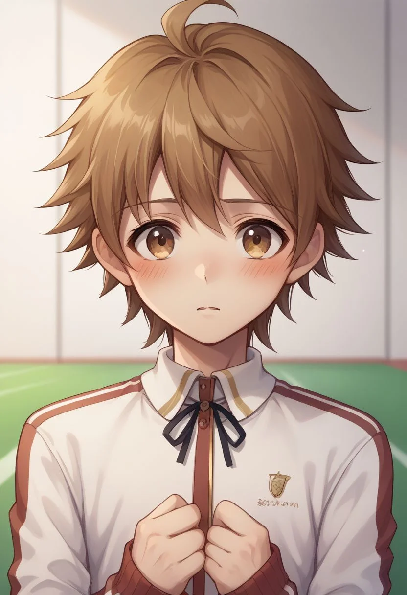 score_9, score_8_up, source_anime, highly detailed, 1boy, solo,
chihiro, skirt, 1boy, solo, male focus, brown hair, brown eyes,
blush, track jacket, track suit, upper body,
indoor, hall,