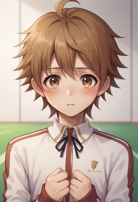 score_9, score_8_up, source_anime, highly detailed, 1boy, solo,
chihiro, skirt, 1boy, solo, male focus, brown hair, brown eyes,
blush, track jacket, track suit, upper body,
indoor, hall,