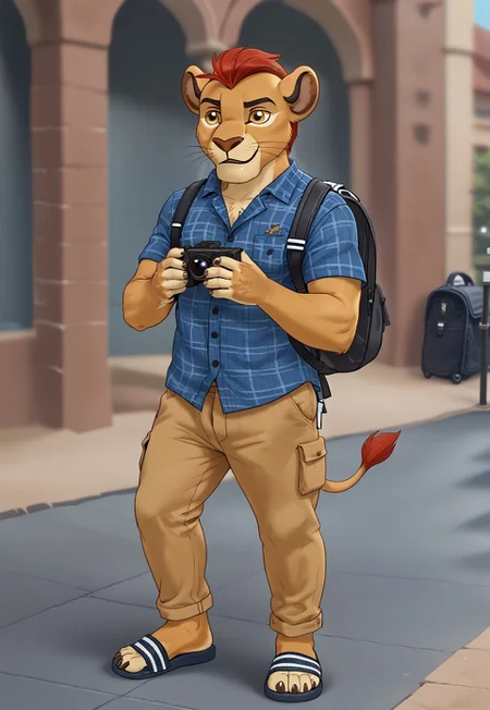 masterpiece, best quality, newest, anime, source anime, illustration, westernvisualnovel style, 

(((Barefoot furry character, cinematic setting, furry male))), eyecatching composition, dynamic pose, dynamic angles, detailed background

(((Kion))), furry character, (((hefty lion boy))), full body, solo, young school lion boy, ((tourist)), flannel plaid shirt, cargo half length pants, half pants, (((in historical center of the city))), (((gothic architecture))), lion feet paws, four toes, foot focus, wearing sandals, adiletteonfeet, backpack, (((holding camera with both hands))),
