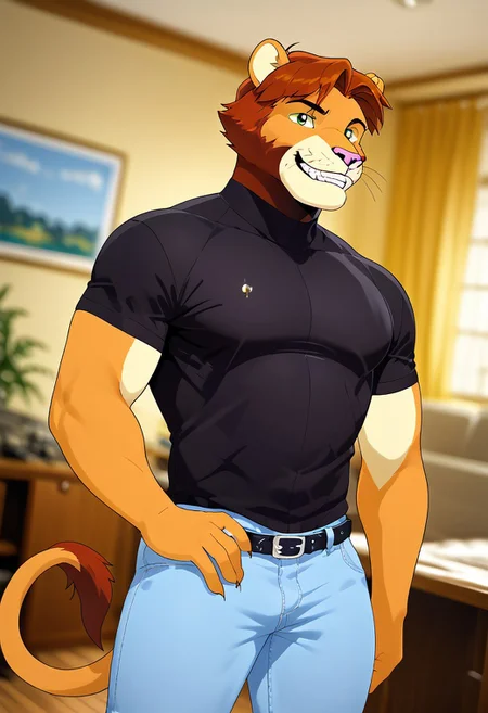 score_9, score_8_up, score_7_up, score_6_up, score_5_up, score_4_up, source_anime, source_furry, zPDXL3, furry_diffusion, <lora:TomSA_PXL-05:0.9>, tom, lion boy, lion tail, short hair, green eyes, brown fur, brown hair, solo, smirk, teeth, 1boy, looking at viewer, intricate details, masterpiece, unparalleled masterpiece, dutch angle, depth of field, cinematic lighting, great lighting, detailed background, indoors, inside, muscular male, bara, pectorals, large pectorals, black shirt, tight shirt, denim, jeans, belt, tight pants, feet out of frame, close-up, posing, pose, upper body