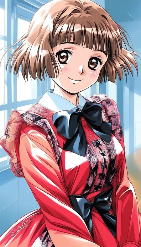 score_9, score_8_up, score_7_up, source_anime, rating_explicit, BREAK <lora:Tsuzuki_Kozue_XL:1>Tsuzuki_Kozue, brown hair, short hair, brown eyes, blunt bangs, medium breasts,
1girl, solo, long sleeves, 
smile, dress, looking at viewer, bow, v arms, upper body, black bow, ribbon, 
red dress, bowtie
day, school,