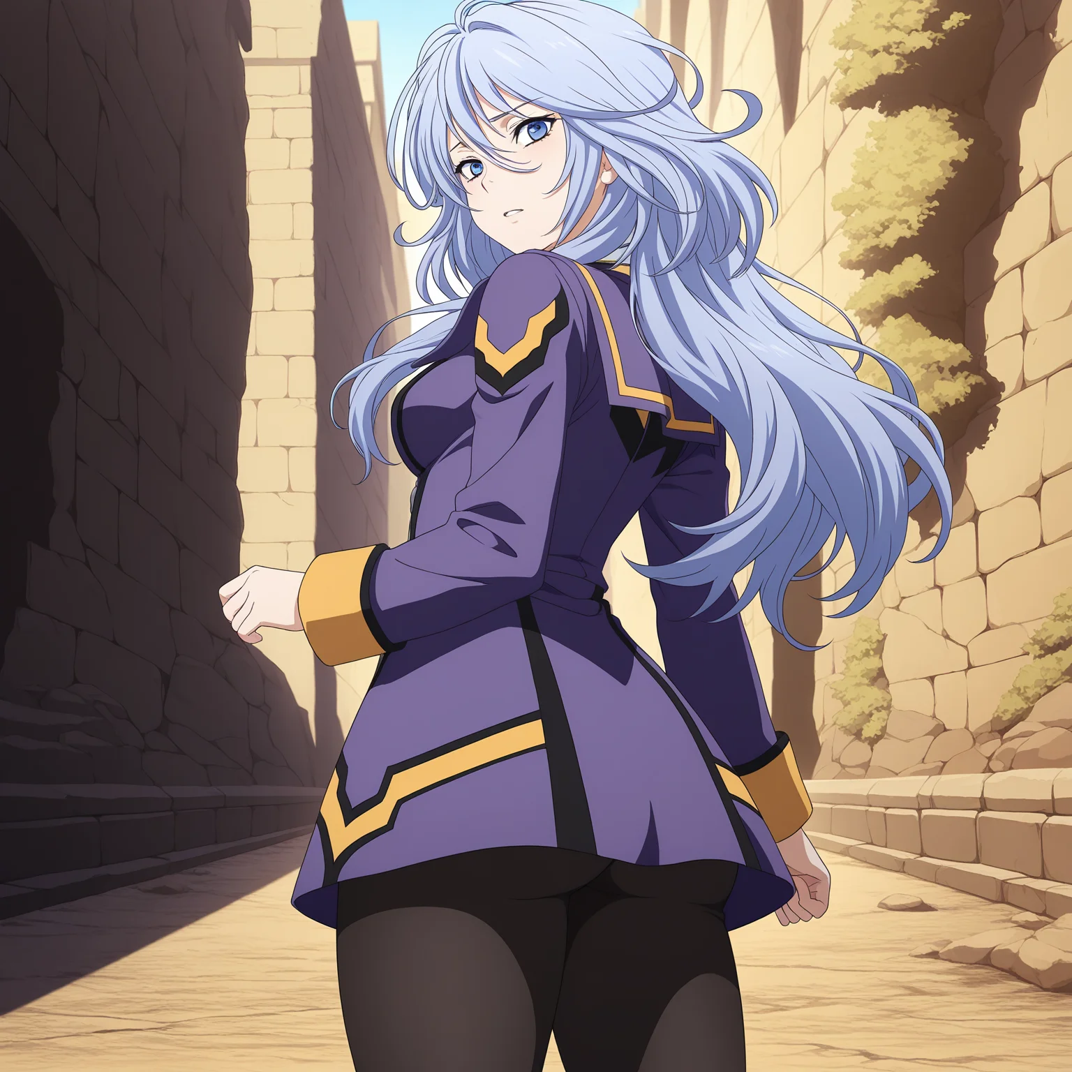 masterpiece, best quality, amazing quality, anime screencap, 1girl, solo, standing,from behind, cowboy shot, outdoors, scenery, <lora:shiony:0.9>, shiony regis, blue hair, blue eyes, purple military uniform, black pantyhose, medium breasts, thick thighs,