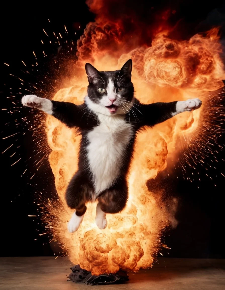 A cinematic shot of a (cat:1.3) in mid-air, (leaping out of an explosion:1.2), dramatic backdrop of fiery bursts, smoke tendrils, intense motion, high contrast, (feline agility:1.1), wide angle lens, Hollywood blockbuster vibe, dynamic pose, hero moment, action-filled scene, vibrant flame colors, impeccable timing, 4K resolution, heart-stopping capture,
















































































































