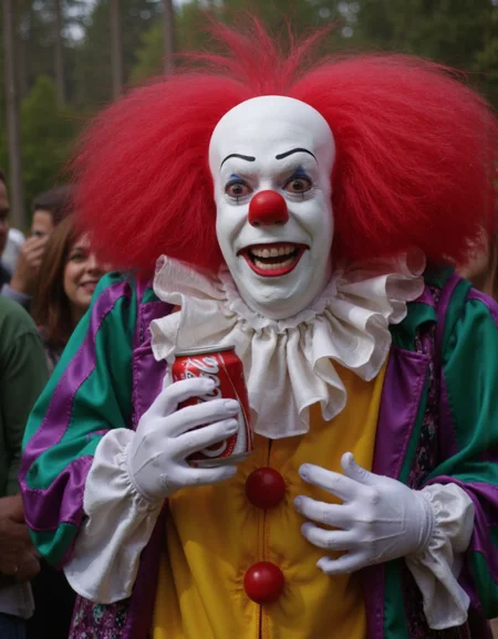 realistic photo of pennywise the clown holding a coke can, <lora:Pennywise_91:0.85>pennywise's, clown's <lora:coke_can_rendering:1>, cccnz1 the soda can