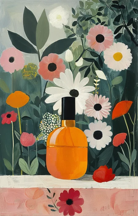 masterpiece,best quality,<lora:tbh198-sdxl:0.9>,illustration,style of Mary Fedden A bottle of perfume in garden